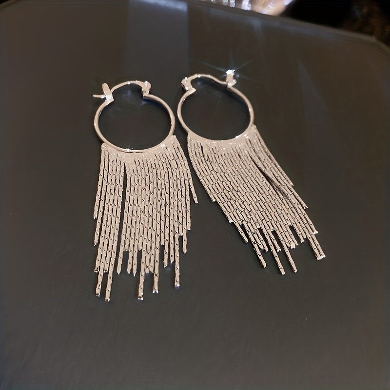 Elegant Silvery Sparkling Tassel Dangle Earrings - Minimalist Copper-Plated Jewelry, Perfect Gift for Women