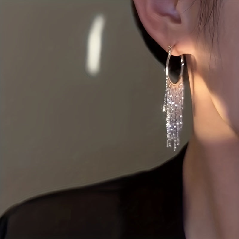 Elegant Silvery Sparkling Tassel Dangle Earrings - Minimalist Copper-Plated Jewelry, Perfect Gift for Women