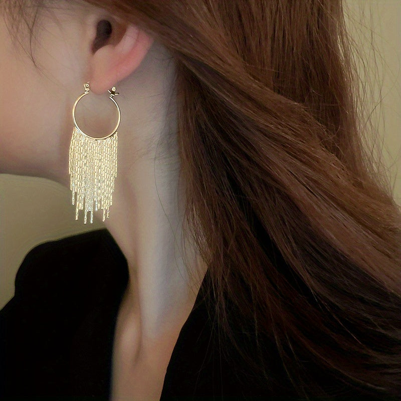 Elegant Silvery Sparkling Tassel Dangle Earrings - Minimalist Copper-Plated Jewelry, Perfect Gift for Women