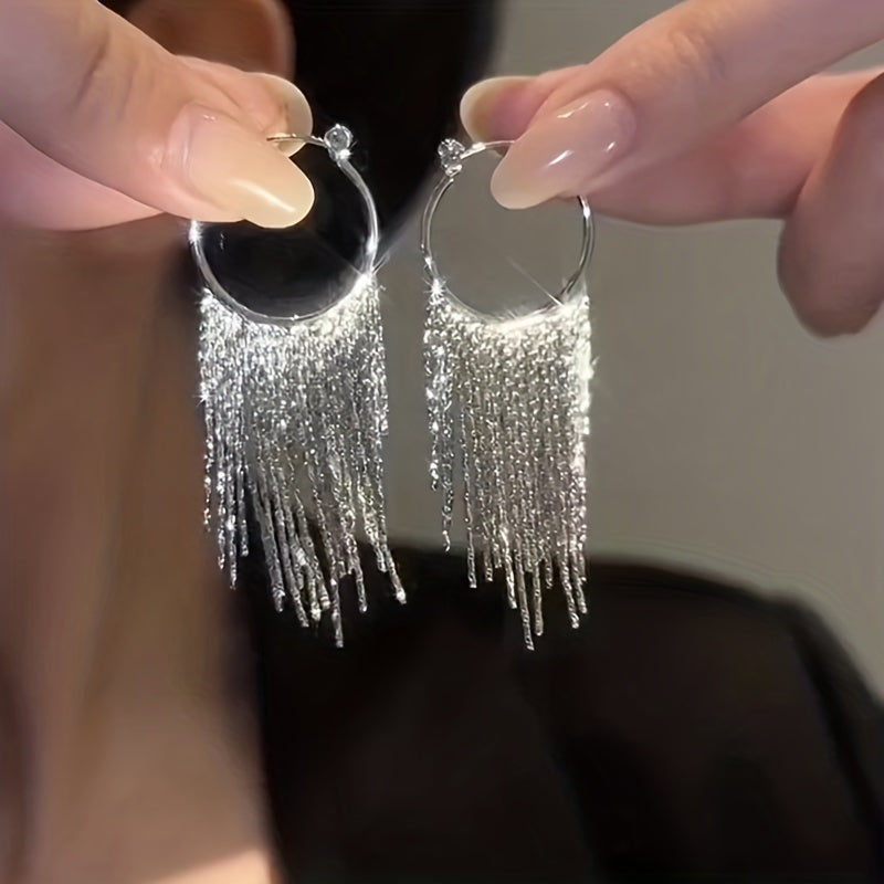 Elegant Silvery Sparkling Tassel Dangle Earrings - Minimalist Copper-Plated Jewelry, Perfect Gift for Women