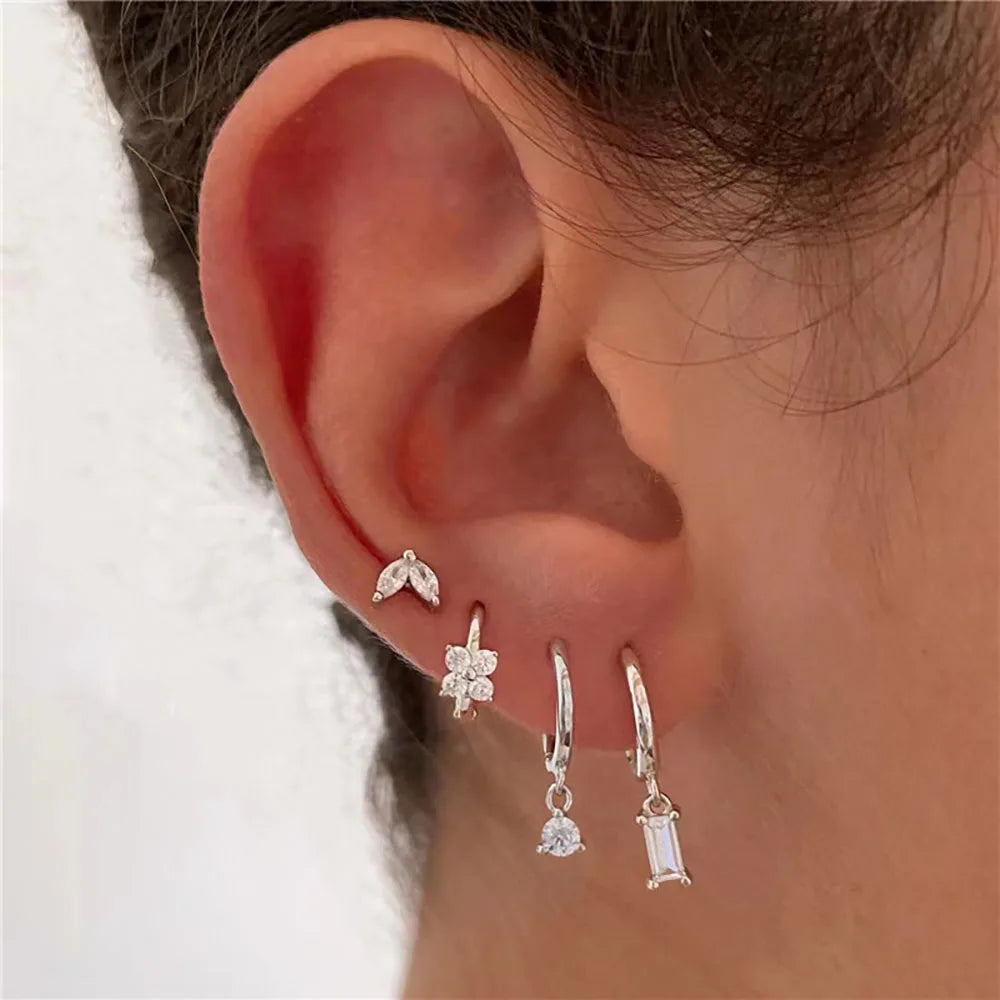 4PCS Flower Square Earrings Set - Luxury Zircon Hoop Earrings for Women, Stainless Steel Cartilage Piercing Jewelry