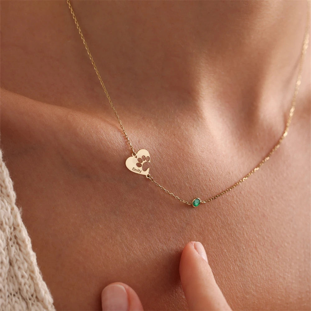 Custom Paw Print Heart Necklace – Engraved Name & Birthstone Charm