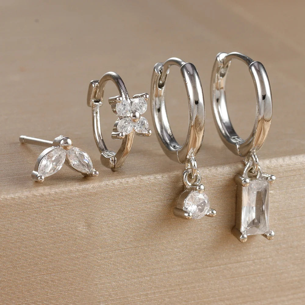 4PCS Flower Square Earrings Set - Luxury Zircon Hoop Earrings for Women, Stainless Steel Cartilage Piercing Jewelry