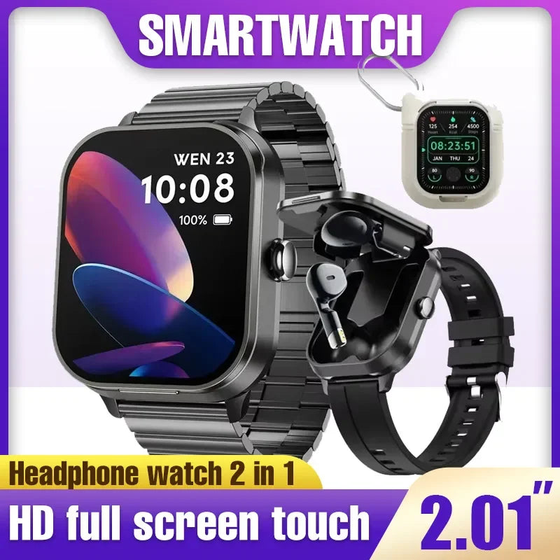 Smart Watch 2.01 inch HD Large Screen Waterproof Heart Rate Blood Oxygen Bluetooth earphone TWS 2 in 1 Make phone calls 2025