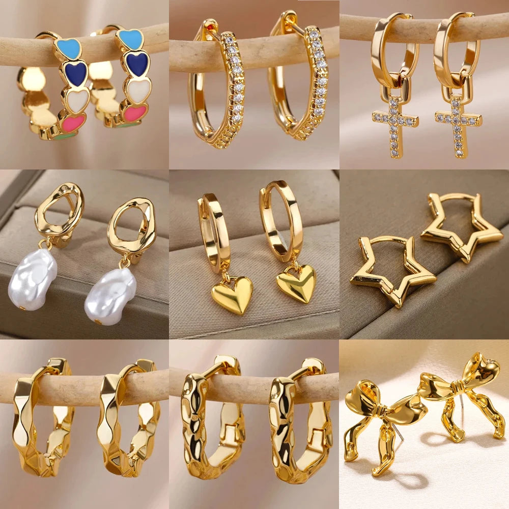 Zircon Heart Hoop Earrings – Gold Stainless Steel, Waterproof