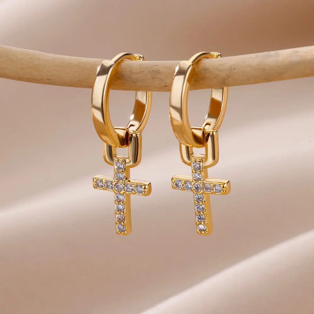 Zircon Heart Hoop Earrings – Gold Stainless Steel, Waterproof