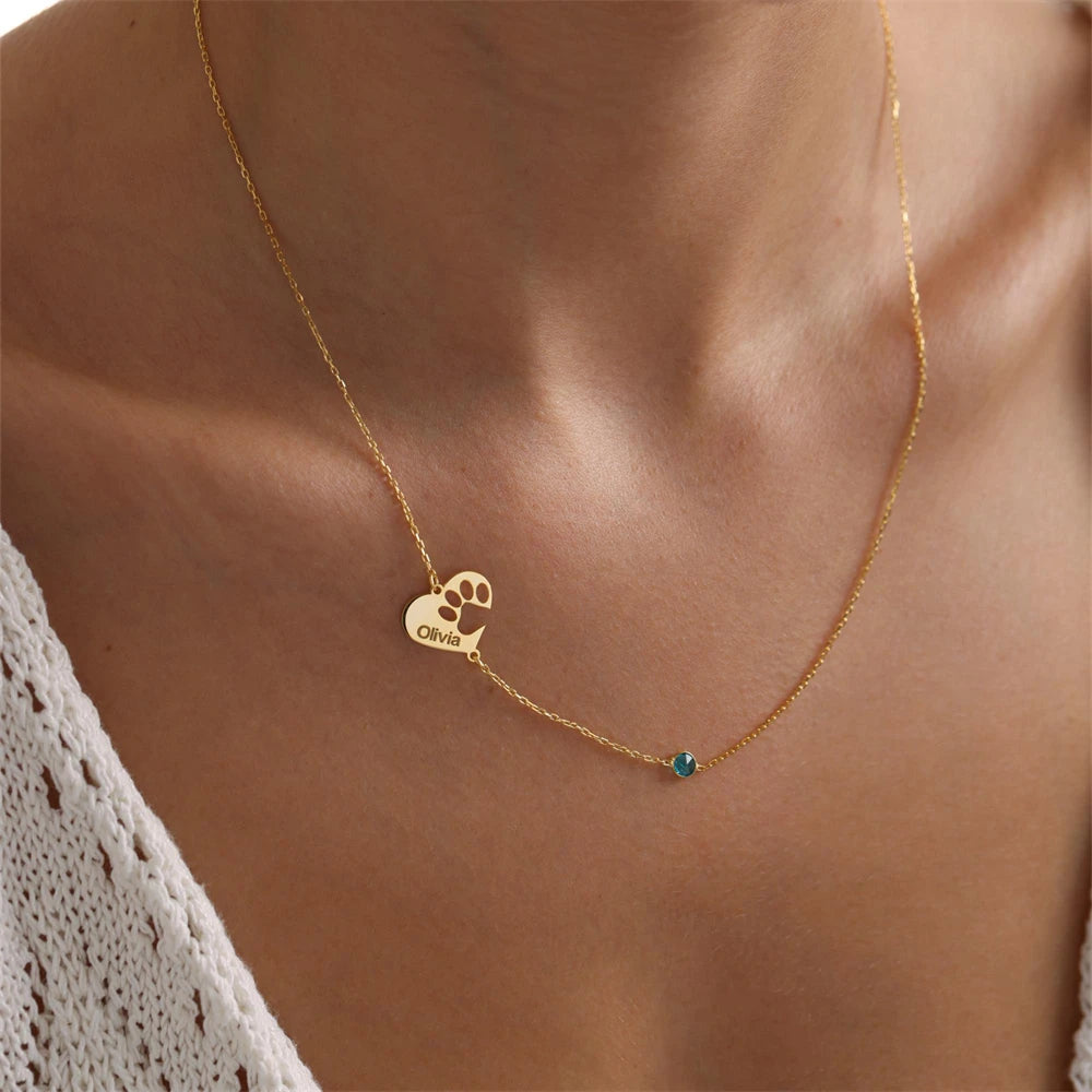 Custom Paw Print Heart Necklace – Engraved Name & Birthstone Charm