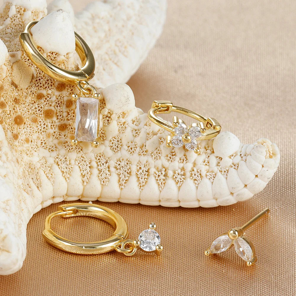 4PCS Flower Square Earrings Set - Luxury Zircon Hoop Earrings for Women, Stainless Steel Cartilage Piercing Jewelry