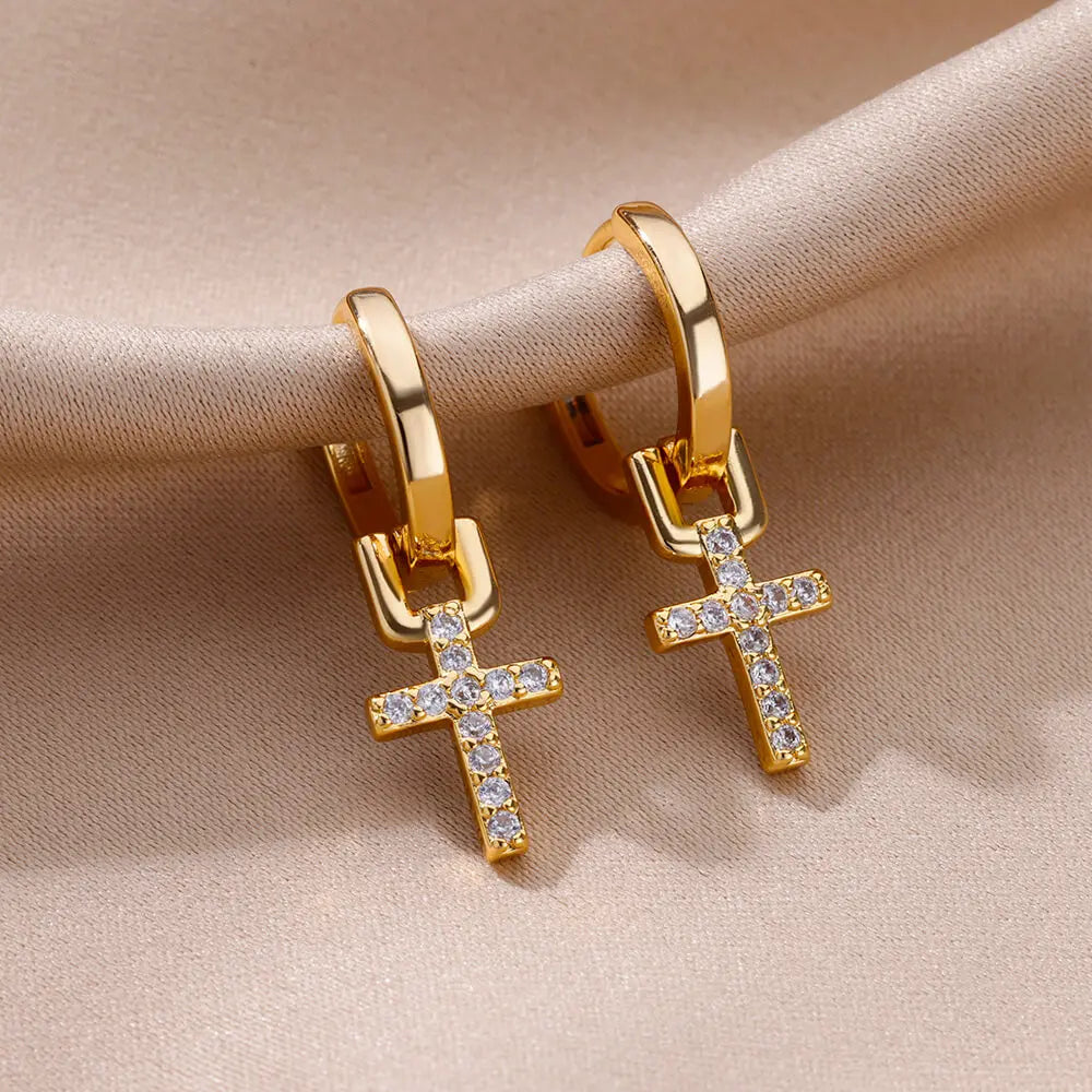 Zircon Heart Hoop Earrings – Gold Stainless Steel, Waterproof