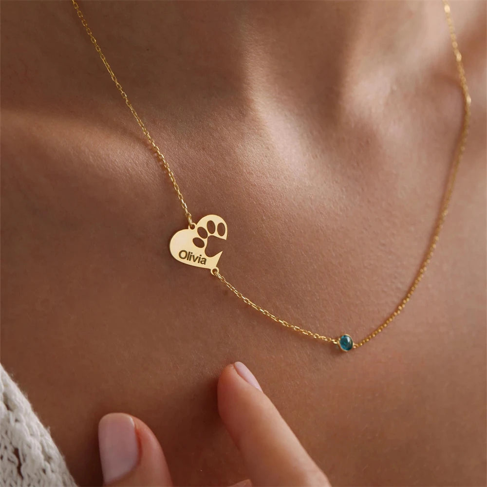Custom Paw Print Heart Necklace – Engraved Name & Birthstone Charm