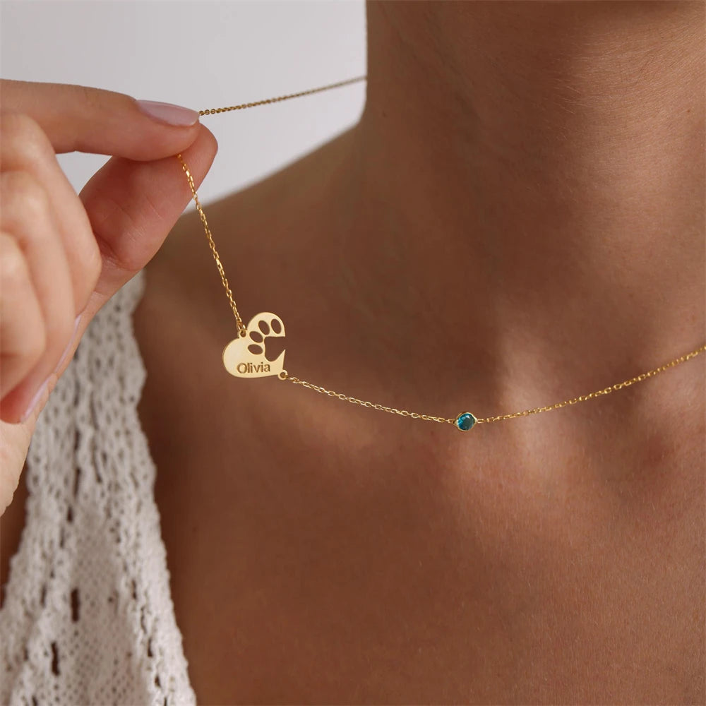 Custom Paw Print Heart Necklace – Engraved Name & Birthstone Charm