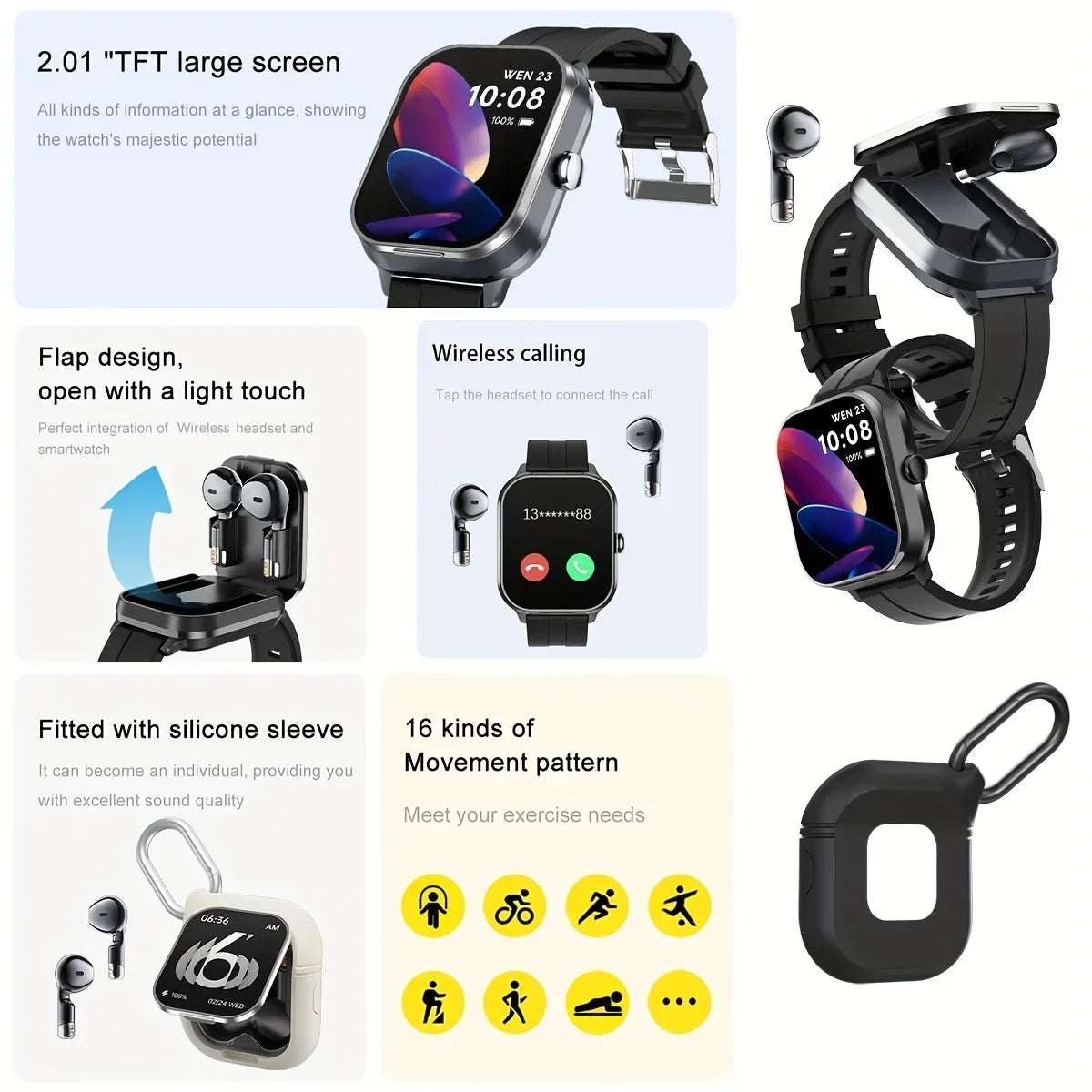 Smart Watch 2.01 inch HD Large Screen Waterproof Heart Rate Blood Oxygen Bluetooth earphone TWS 2 in 1 Make phone calls 2025
