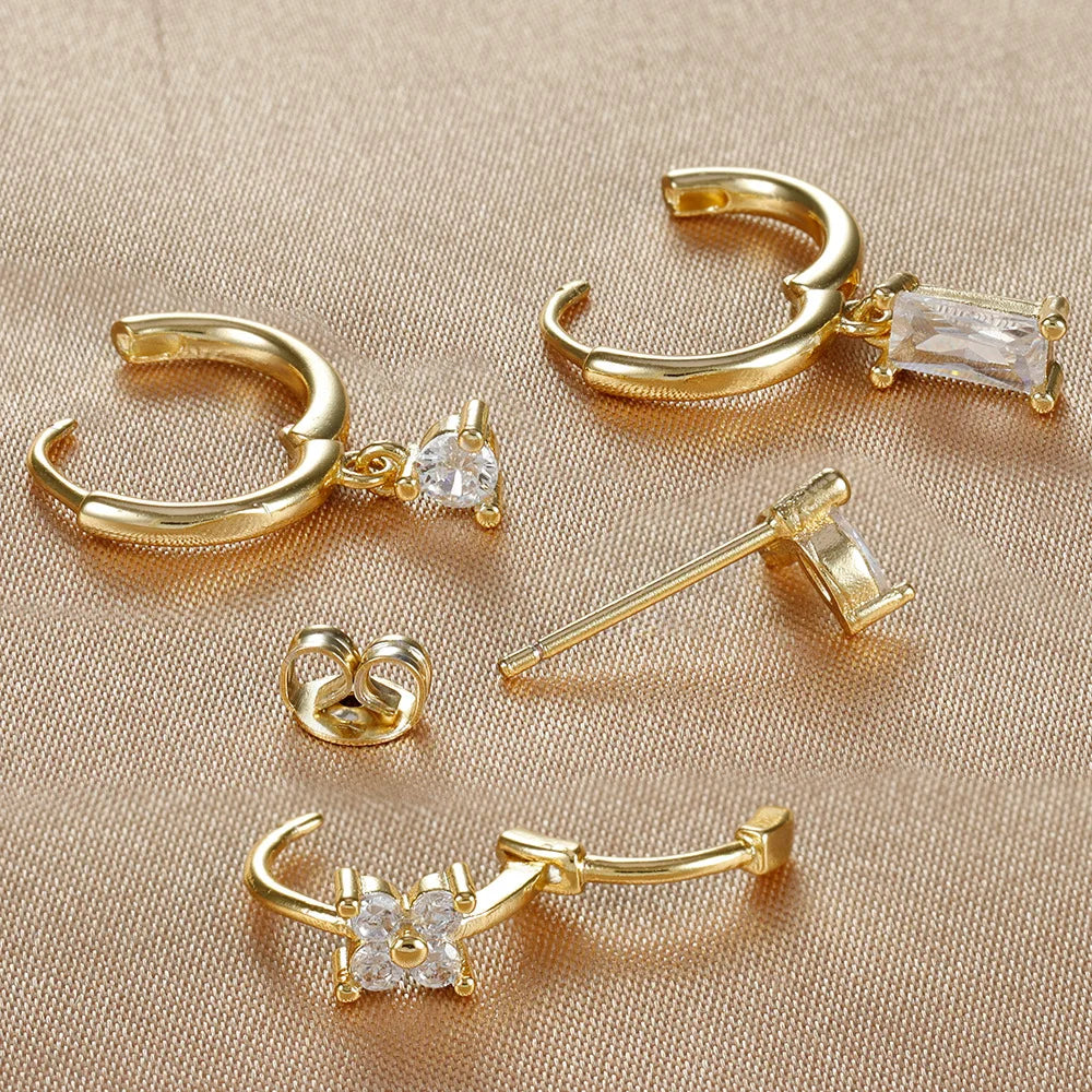 4PCS Flower Square Earrings Set - Luxury Zircon Hoop Earrings for Women, Stainless Steel Cartilage Piercing Jewelry