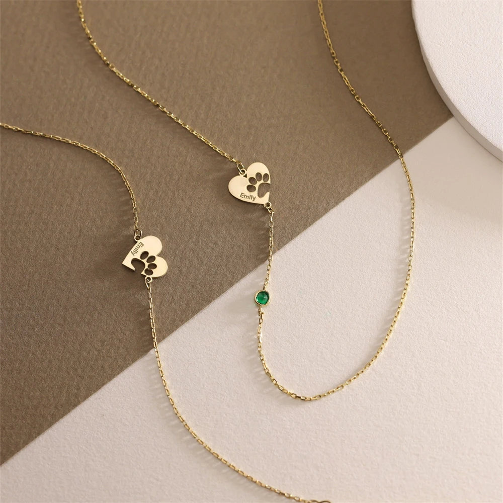 Custom Paw Print Heart Necklace – Engraved Name & Birthstone Charm