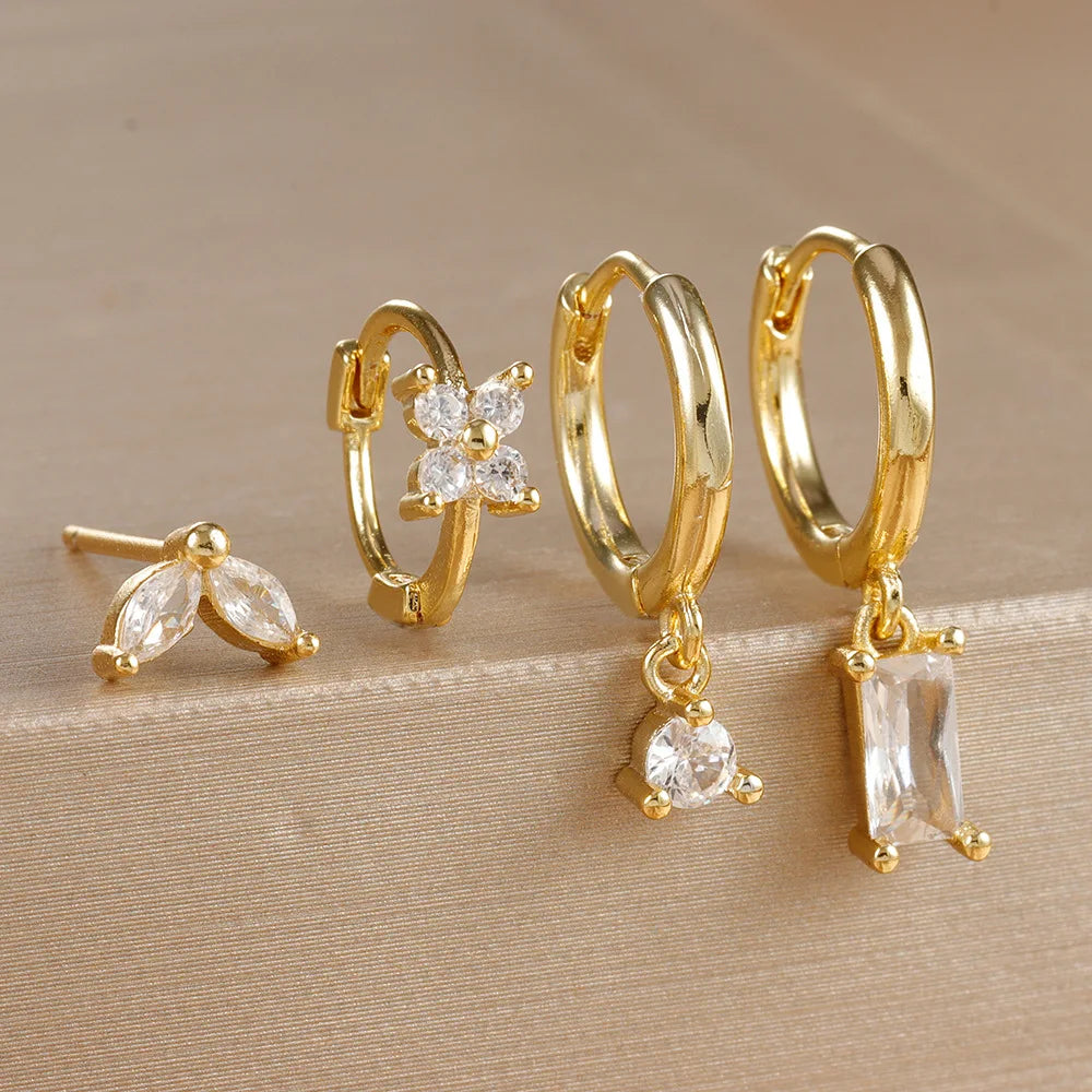 4PCS Flower Square Earrings Set - Luxury Zircon Hoop Earrings for Women, Stainless Steel Cartilage Piercing Jewelry