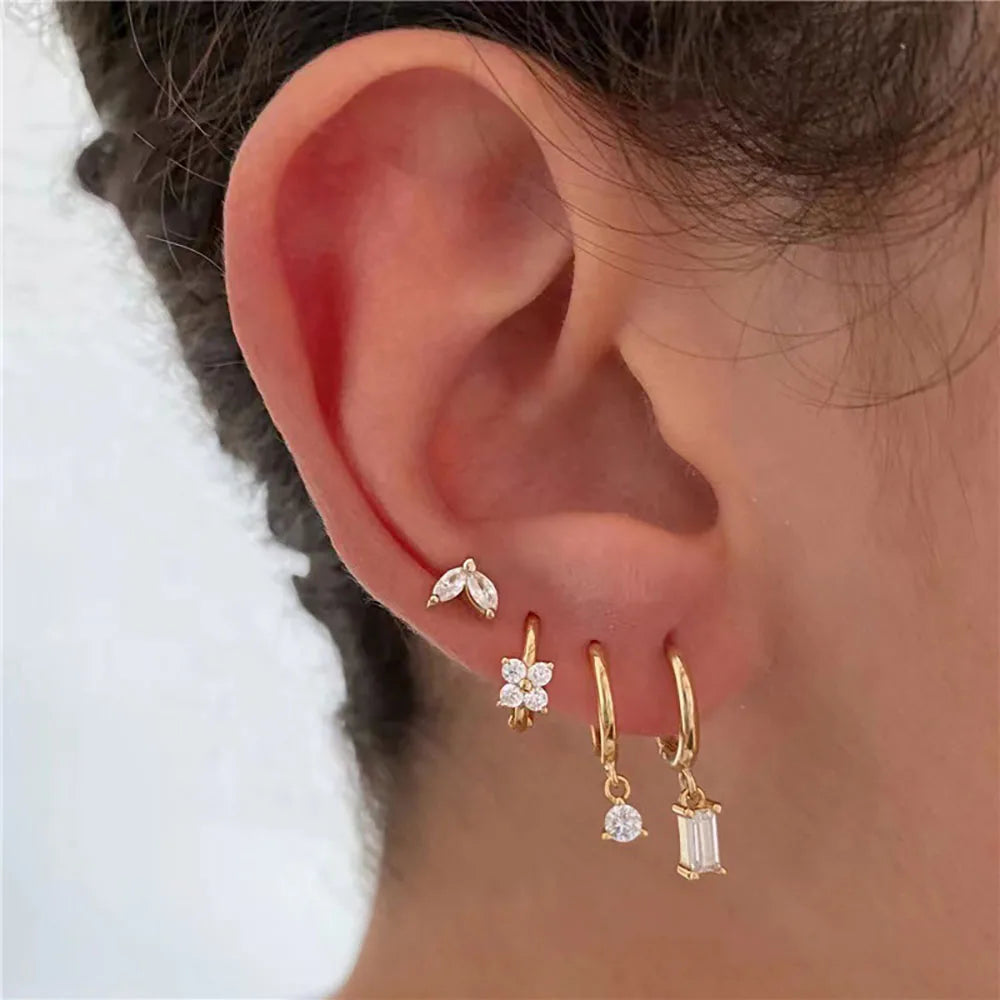 4PCS Flower Square Earrings Set - Luxury Zircon Hoop Earrings for Women, Stainless Steel Cartilage Piercing Jewelry