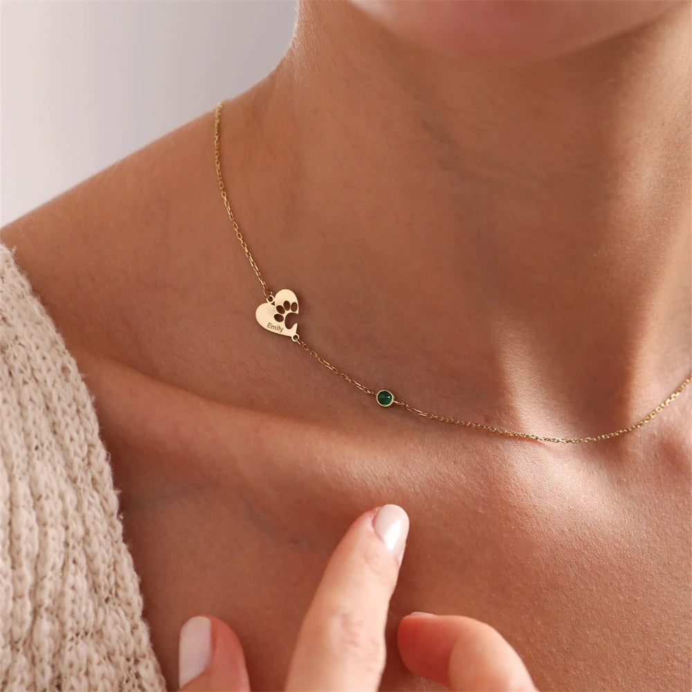 Custom Paw Print Heart Necklace – Engraved Name & Birthstone Charm