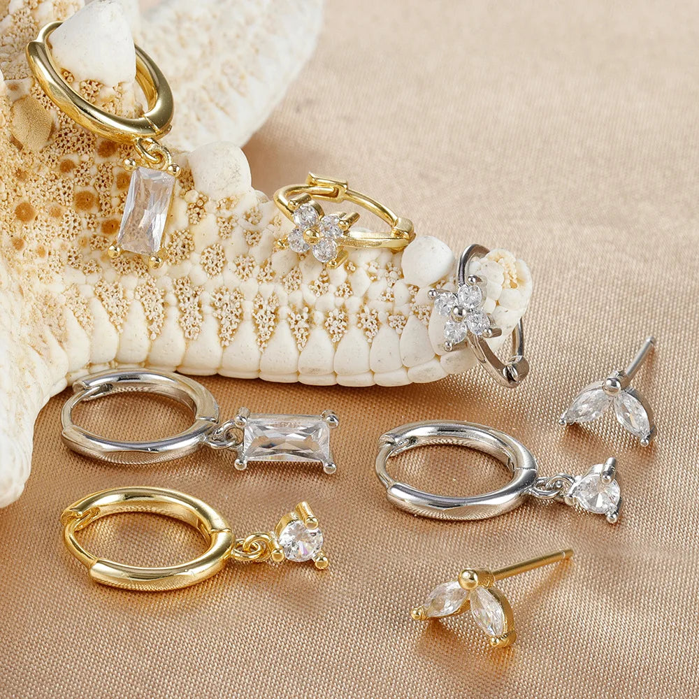 4PCS Flower Square Earrings Set - Luxury Zircon Hoop Earrings for Women, Stainless Steel Cartilage Piercing Jewelry