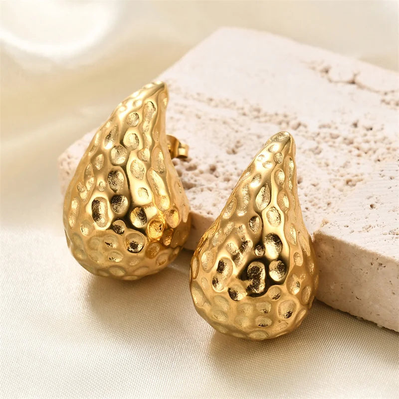 Vintage Chunky Dome Drop Earrings For Women Gold Plated Stainless Steel Thick Teardrop Earring Statement Wedding Jewelry Gifts
