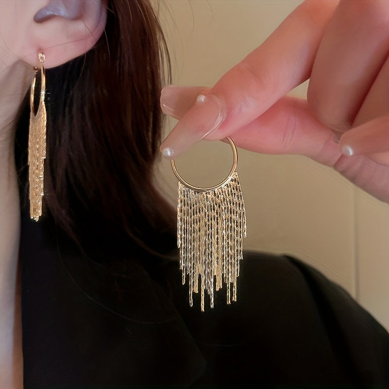 Elegant Silvery Sparkling Tassel Dangle Earrings - Minimalist Copper-Plated Jewelry, Perfect Gift for Women