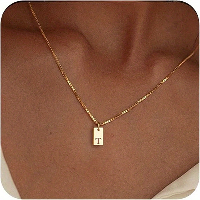 Square Initial Pendant Necklace – Stainless Steel Alphabet Jewelry