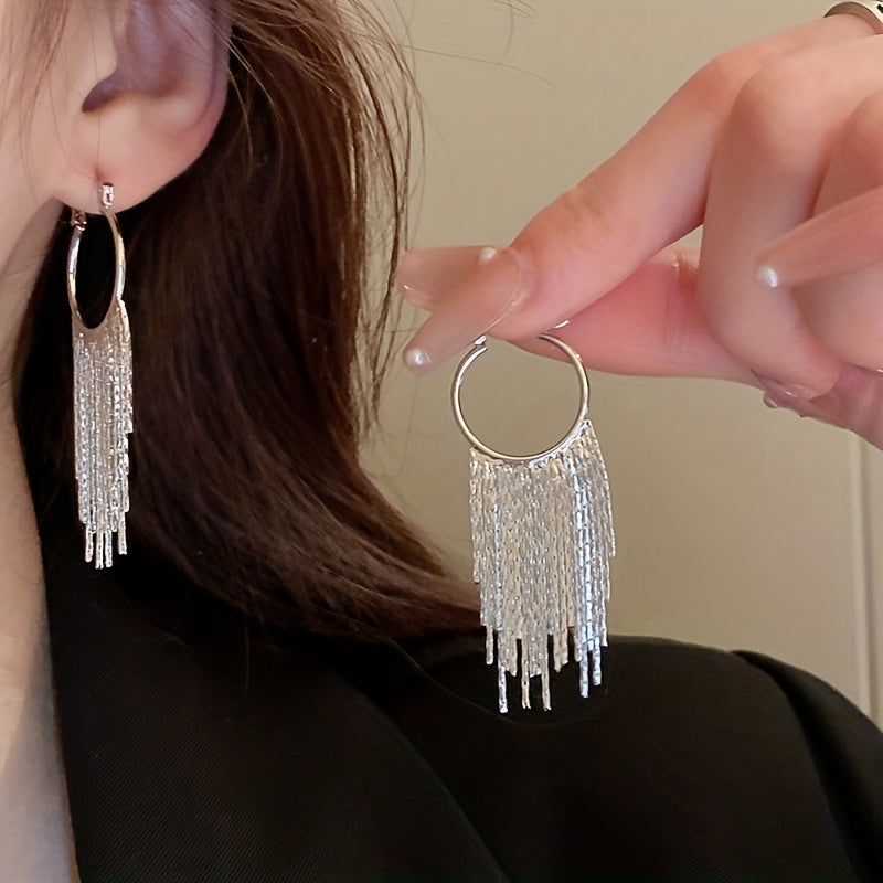 Elegant Silvery Sparkling Tassel Dangle Earrings - Minimalist Copper-Plated Jewelry, Perfect Gift for Women