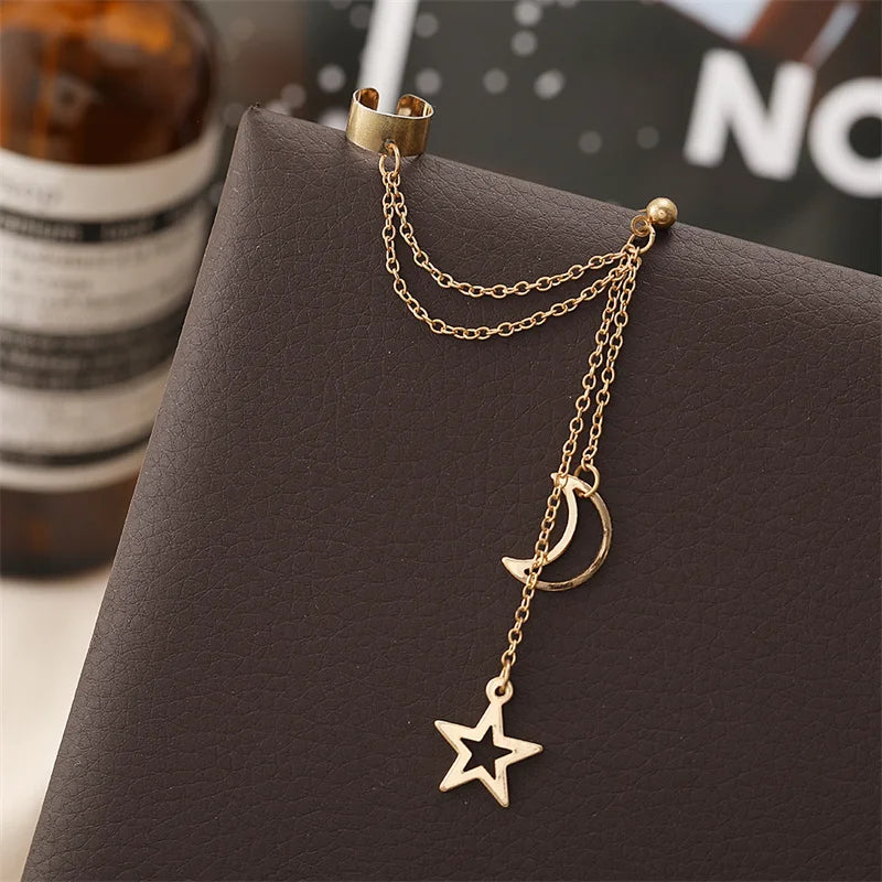 Hip-Hop Star & Moon Tassel Ear Cuff Earrings for Women – Gold Clip-On Earrings with Punk Personality