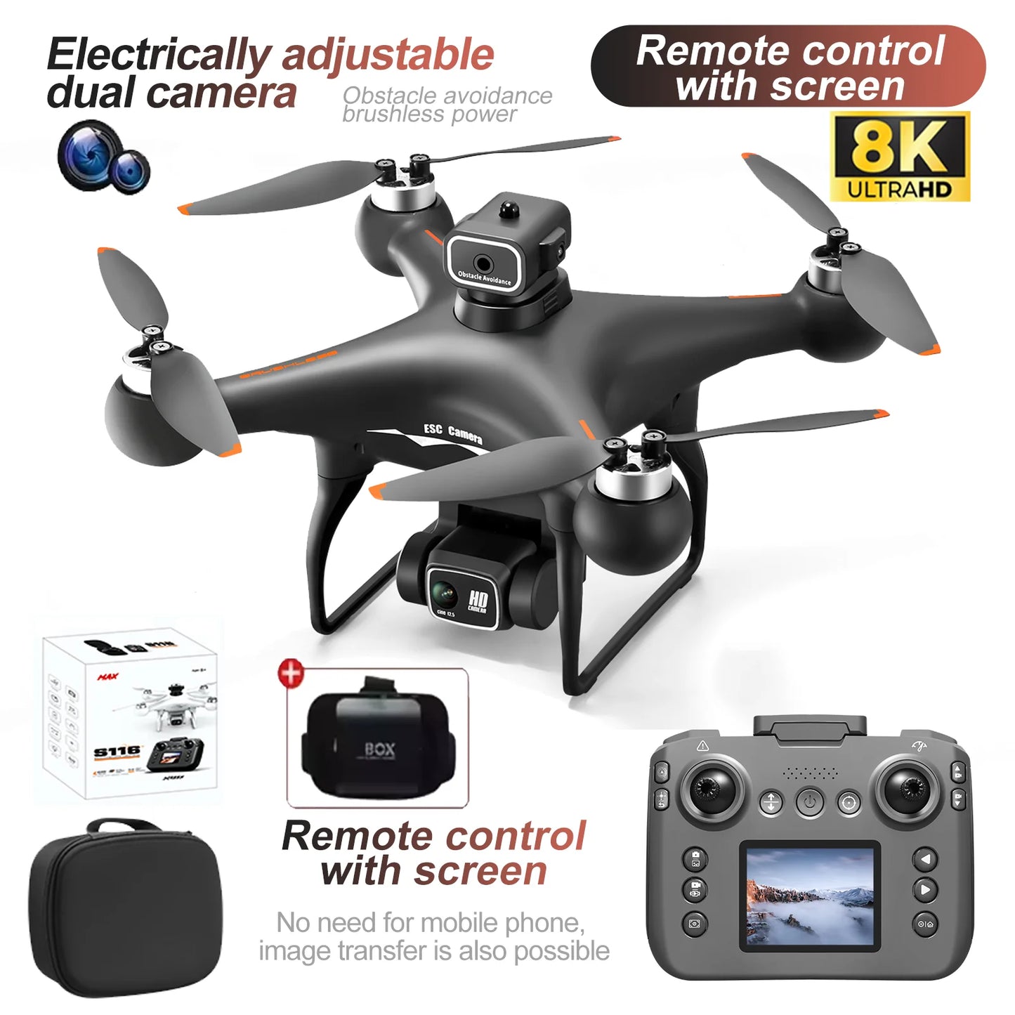 S116 MAX Drone 8K ESC HD Camera Brushless Motor Obstacle Avoidance Helicopter One Key Take off Optical Flow Quadcopters Toy Gift