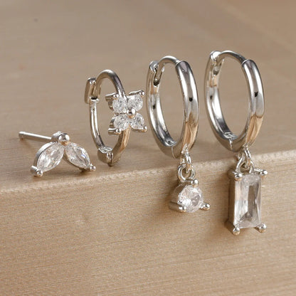 4PCS Flower Square Earrings Set - Luxury Zircon Hoop Earrings for Women, Stainless Steel Cartilage Piercing Jewelry