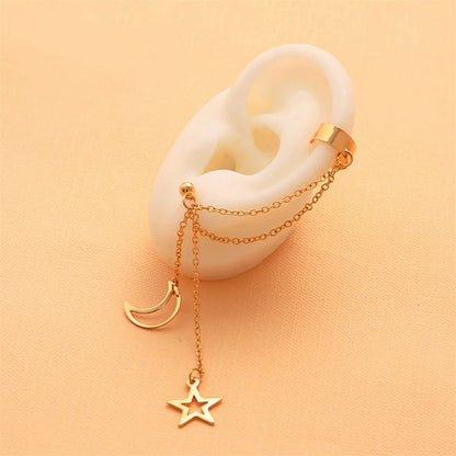 Hip-Hop Star & Moon Tassel Ear Cuff Earrings for Women – Gold Clip-On Earrings with Punk Personality