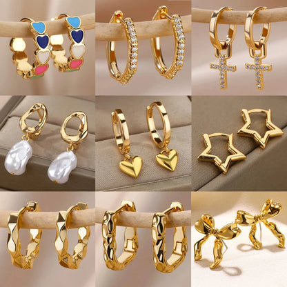 Zircon Heart Hoop Earrings – Gold Stainless Steel, Waterproof