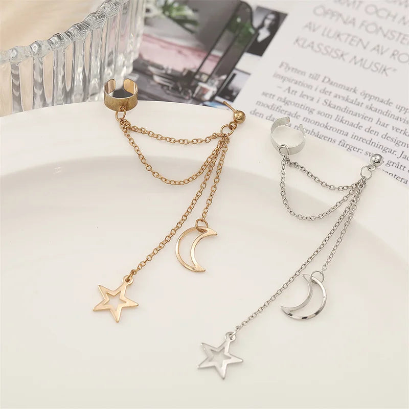Hip-Hop Star & Moon Tassel Ear Cuff Earrings for Women – Gold Clip-On Earrings with Punk Personality