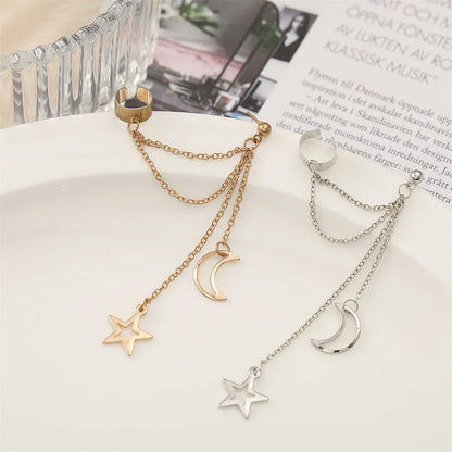 Hip-Hop Star & Moon Tassel Ear Cuff Earrings for Women – Gold Clip-On Earrings with Punk Personality