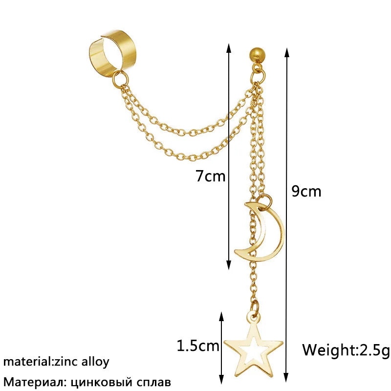 Hip-Hop Star & Moon Tassel Ear Cuff Earrings for Women – Gold Clip-On Earrings with Punk Personality