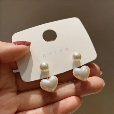 Pearl Heart & Round Stud Earrings – Elegant Imitation Pearl Jewelry