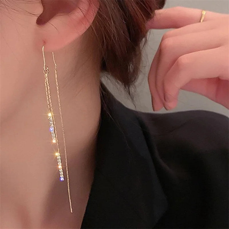 Korean Fashion Long Crystal Tassel Earrings - Luxury Twisted Zircon Design for Women, Trending Jewelry