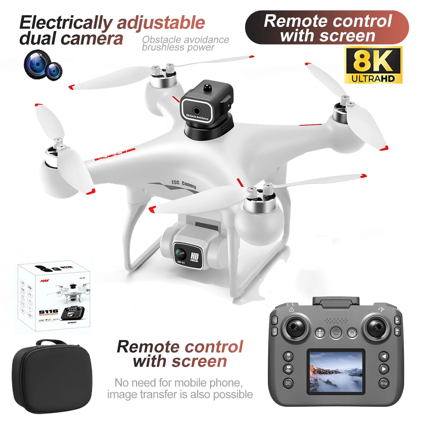 S116 MAX Drone 8K ESC HD Camera Brushless Motor Obstacle Avoidance Helicopter One Key Take off Optical Flow Quadcopters Toy Gift
