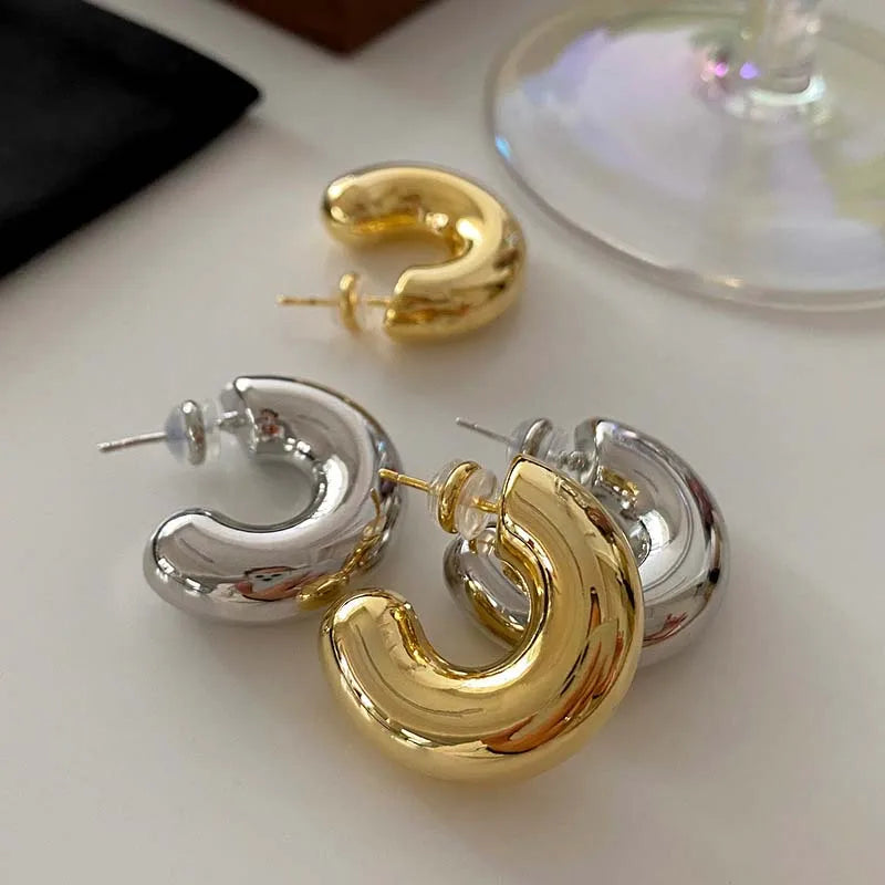 Gold & Silver C-Hoop Huggie Earrings – Chunky Minimalist Jewelry
