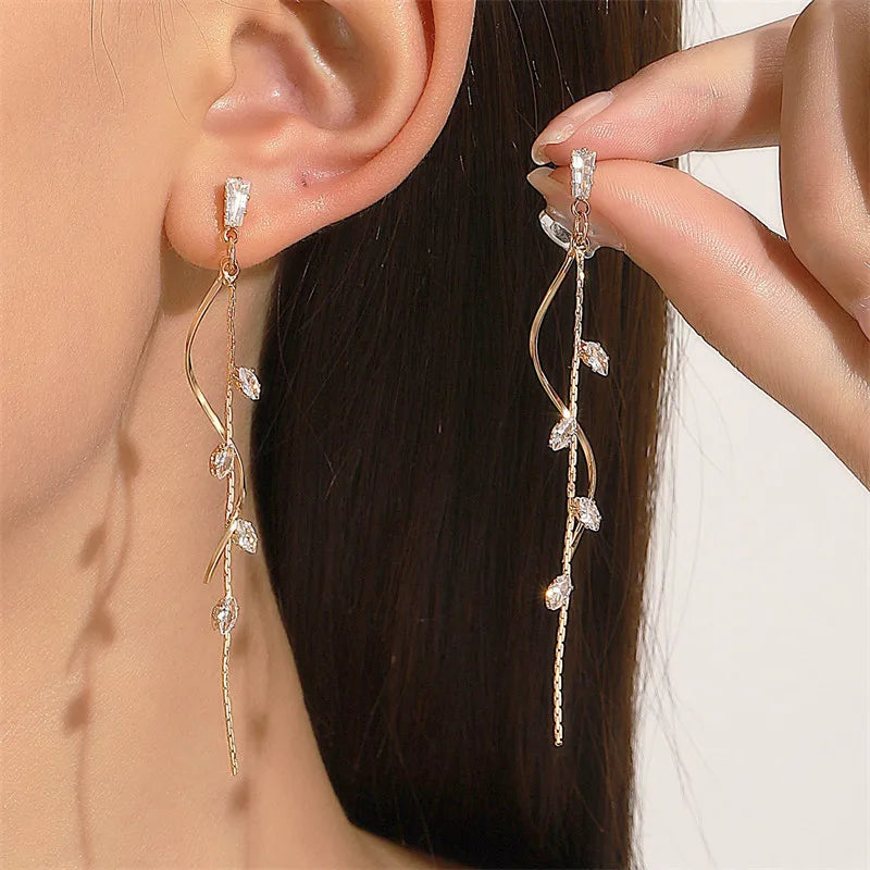 Korean Fashion Long Crystal Tassel Earrings - Luxury Twisted Zircon Design for Women, Trending Jewelry