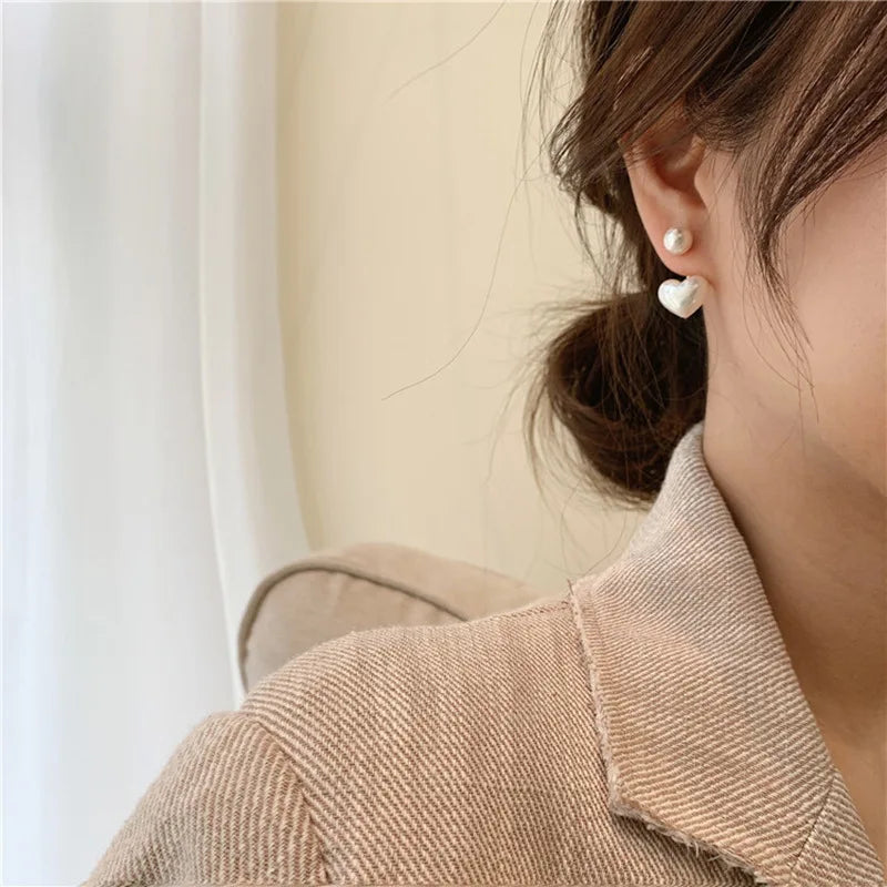 Pearl Heart & Round Stud Earrings – Elegant Imitation Pearl Jewelry