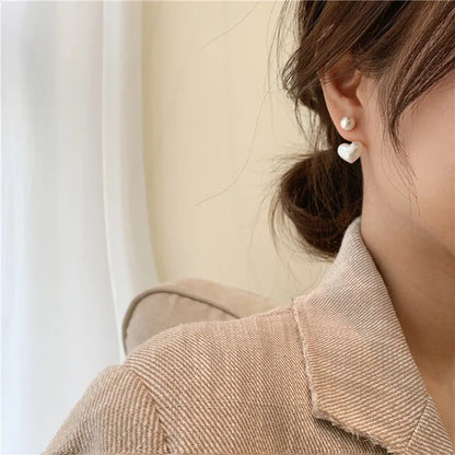Pearl Heart & Round Stud Earrings – Elegant Imitation Pearl Jewelry