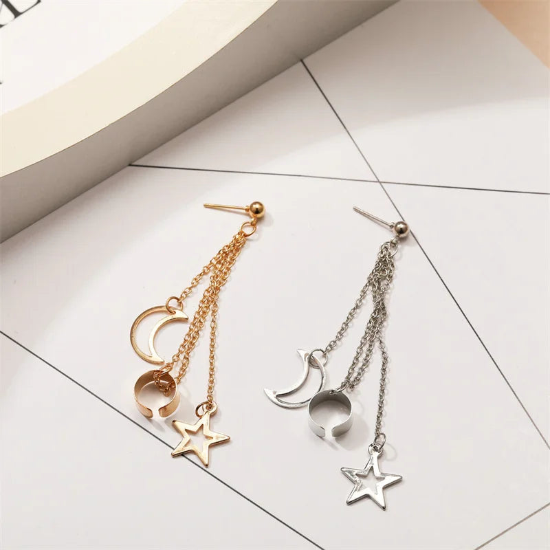 Hip-Hop Star & Moon Tassel Ear Cuff Earrings for Women – Gold Clip-On Earrings with Punk Personality