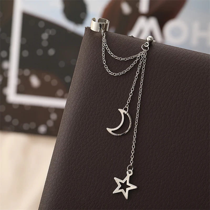 Hip-Hop Star & Moon Tassel Ear Cuff Earrings for Women – Gold Clip-On Earrings with Punk Personality