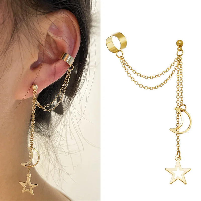 Hip-Hop Star & Moon Tassel Ear Cuff Earrings for Women – Gold Clip-On Earrings with Punk Personality