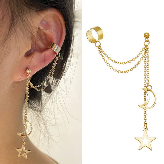 Hip-Hop Star & Moon Tassel Ear Cuff Earrings for Women – Gold Clip-On Earrings with Punk Personality