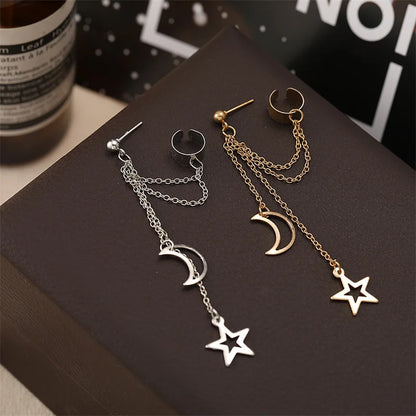 Hip-Hop Star & Moon Tassel Ear Cuff Earrings for Women – Gold Clip-On Earrings with Punk Personality