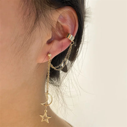 Hip-Hop Star & Moon Tassel Ear Cuff Earrings for Women – Gold Clip-On Earrings with Punk Personality